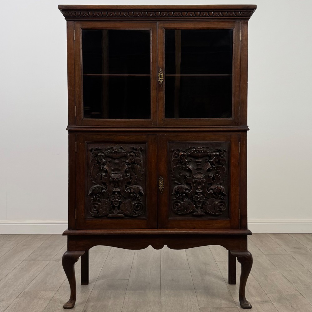 Antique 19th Century Carved Victorian Display Cabinet In Oak  View II