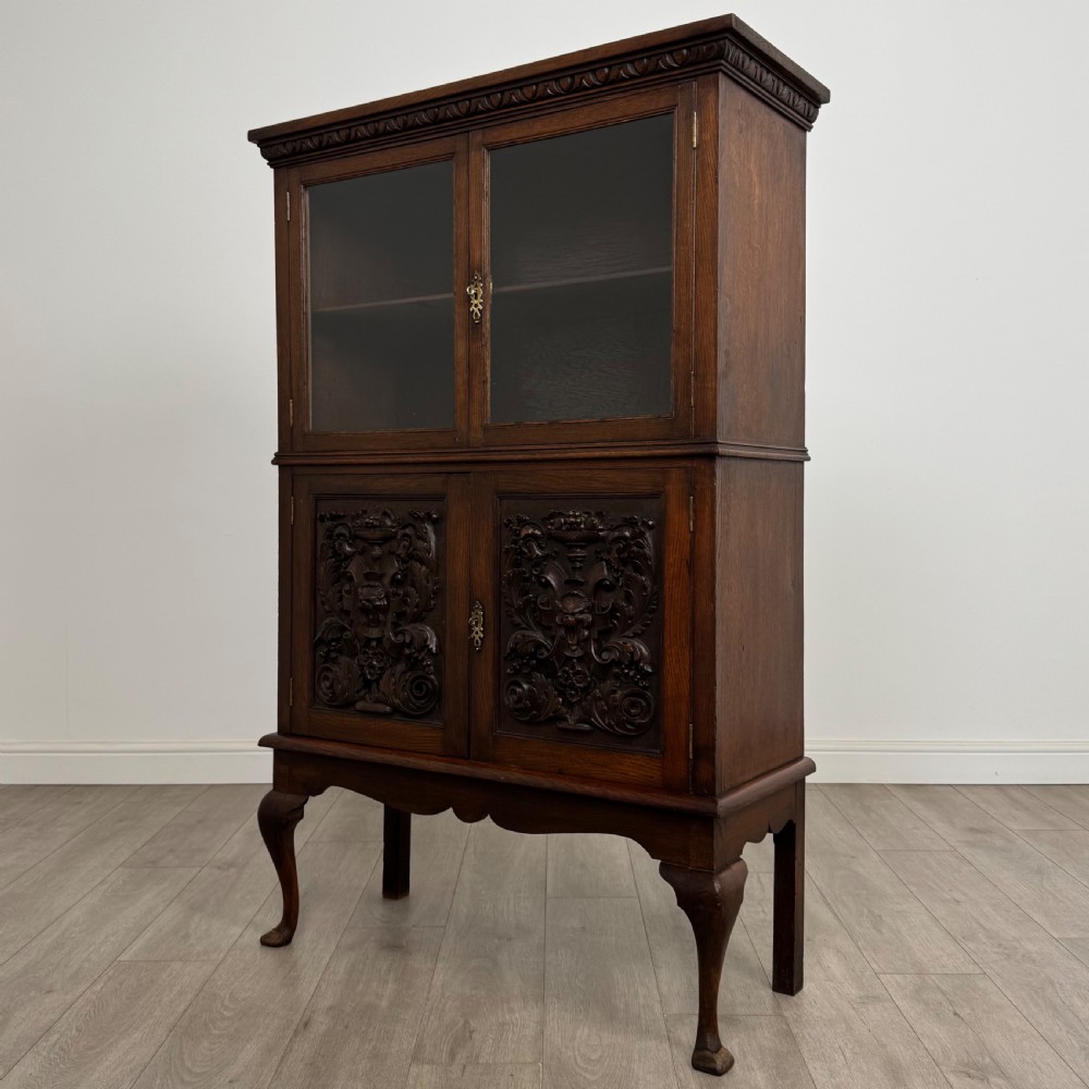 Antique 19th Century Carved Victorian Display Cabinet In Oak  View IV