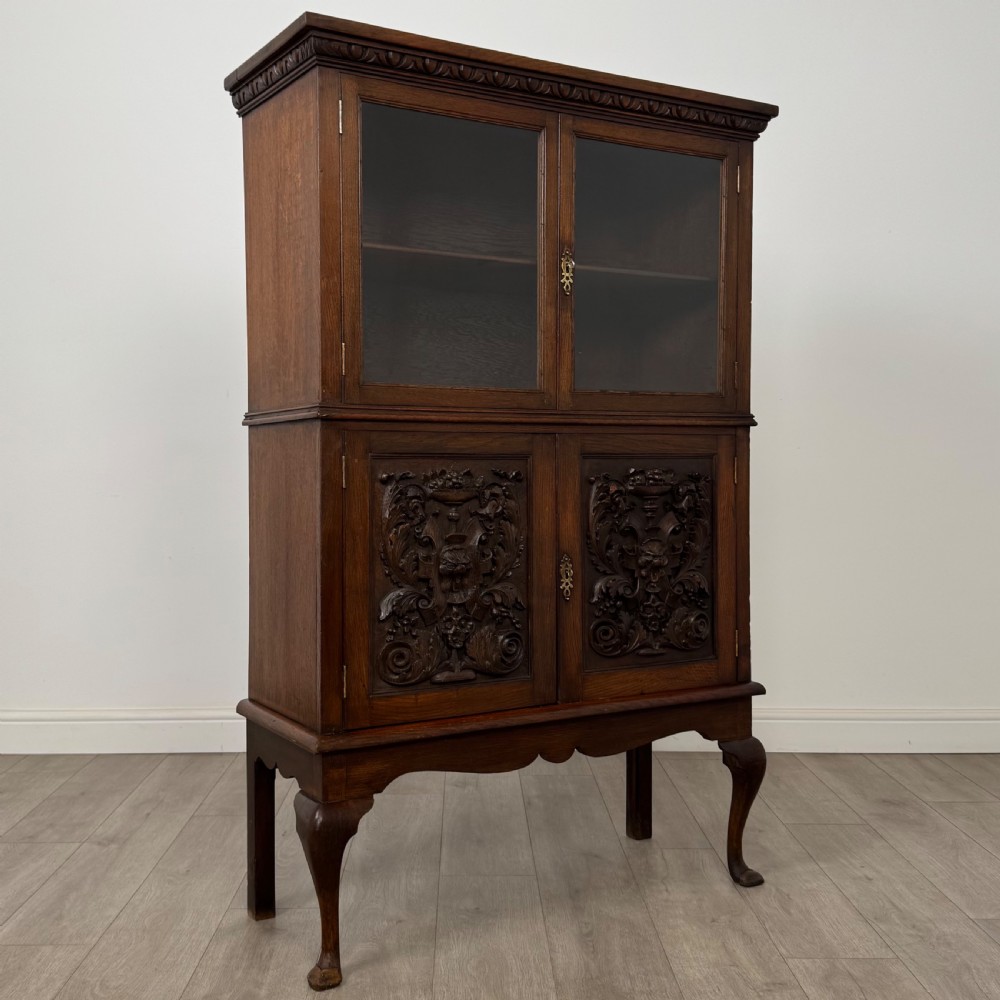 Antique 19th Century Carved Victorian Display Cabinet In Oak  View X