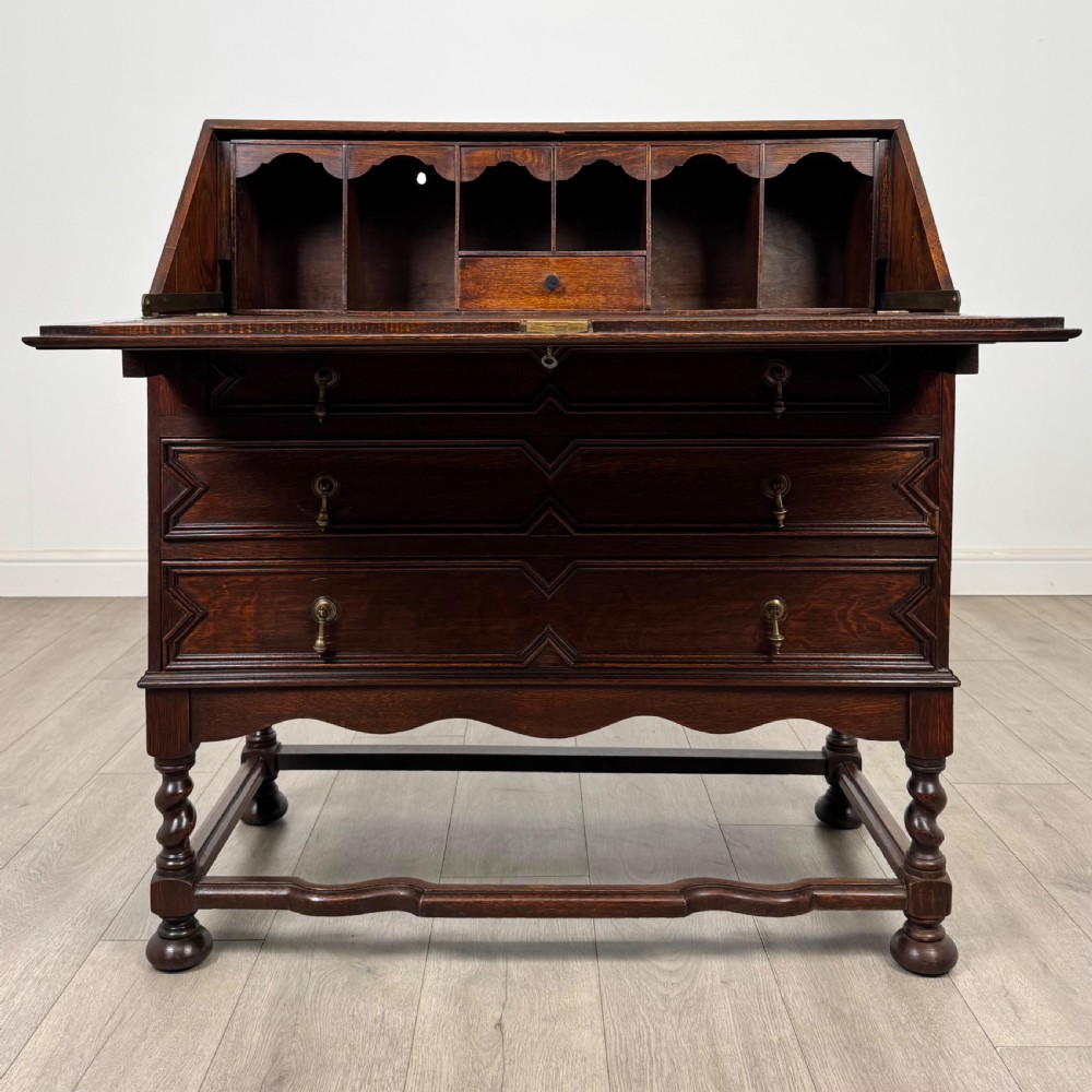 Antique 20th Century Jacobean Style Bureau In Oak  View II