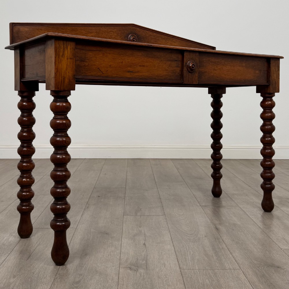 Antique 19th Century Bobbin Turned Victorian Writing Table In Oak View IX