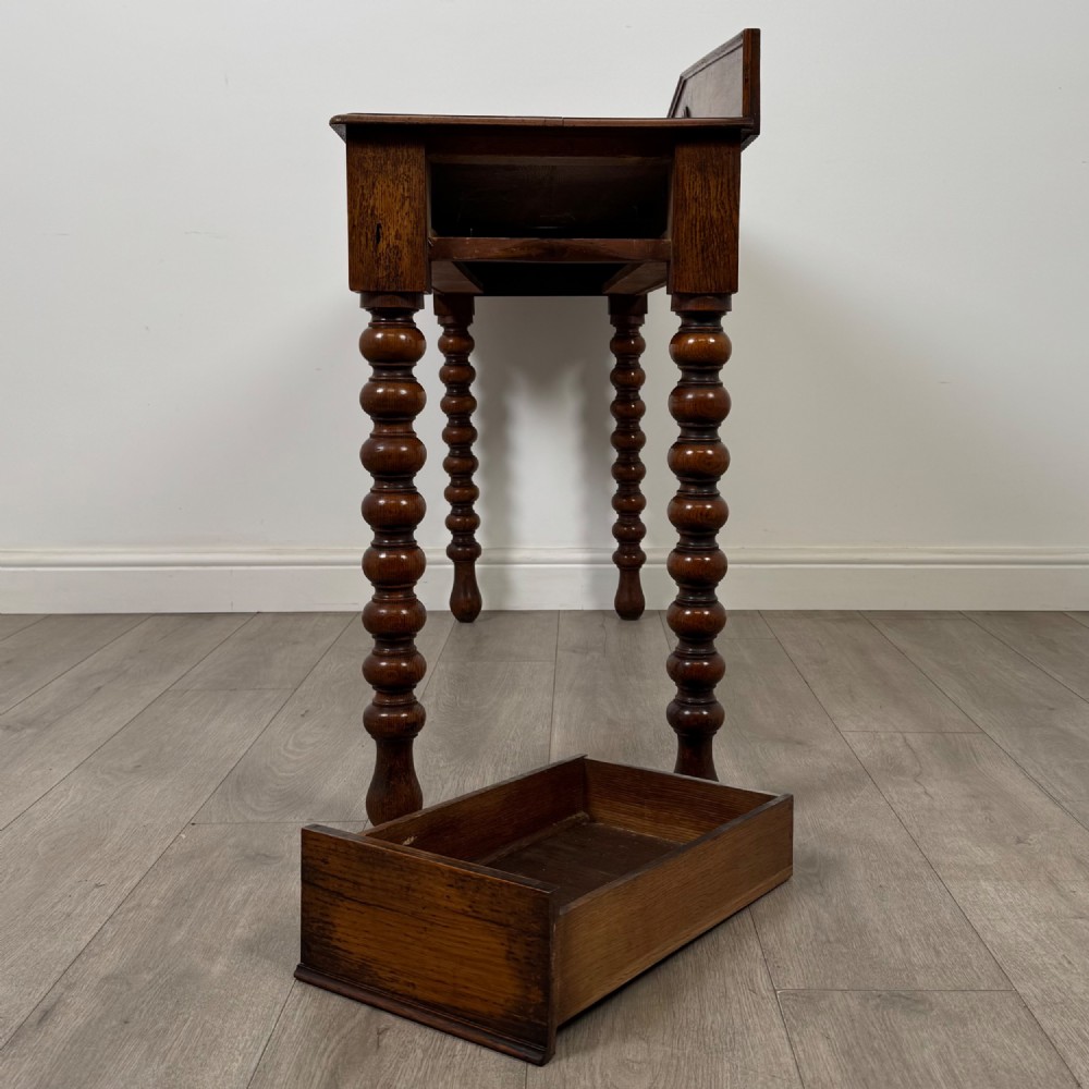 Antique 19th Century Bobbin Turned Victorian Writing Table In Oak View X