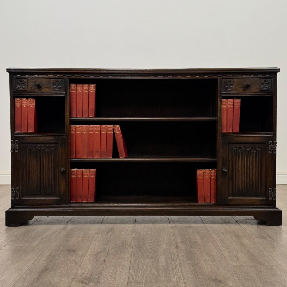 Antique 20th Century Carved Oak Linenfold Bookcase