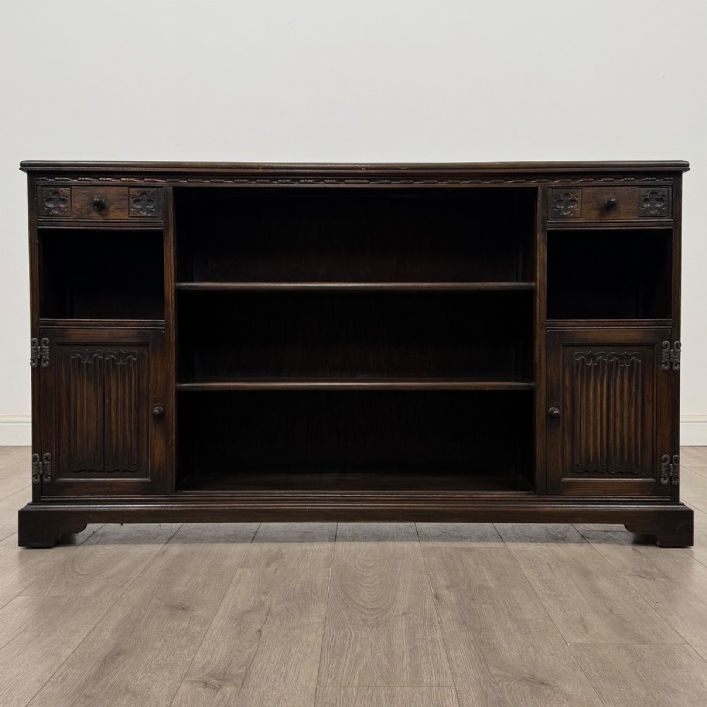 Antique 20th Century Carved Oak Linenfold Bookcase View II