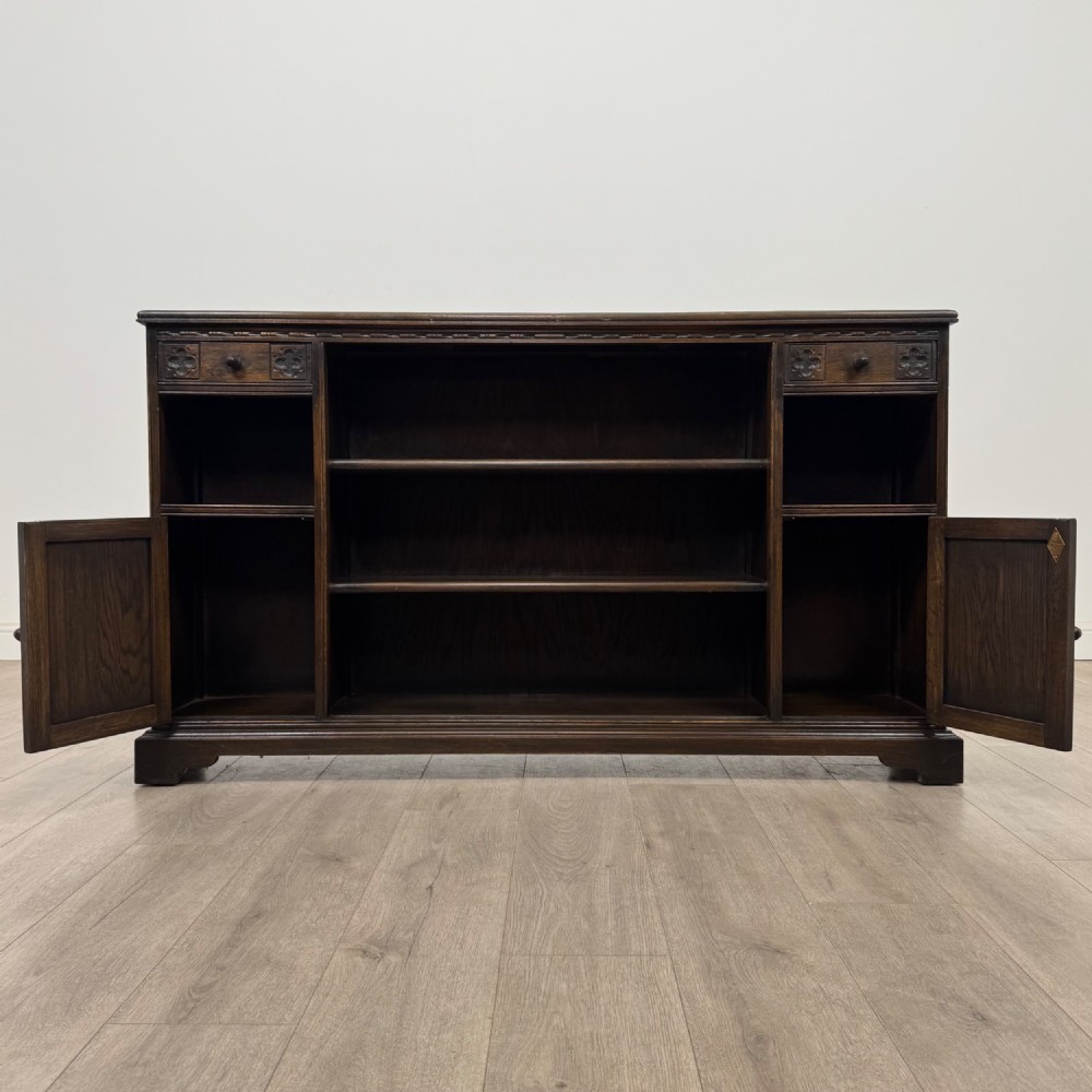 Antique 20th Century Carved Oak Linenfold Bookcase View III