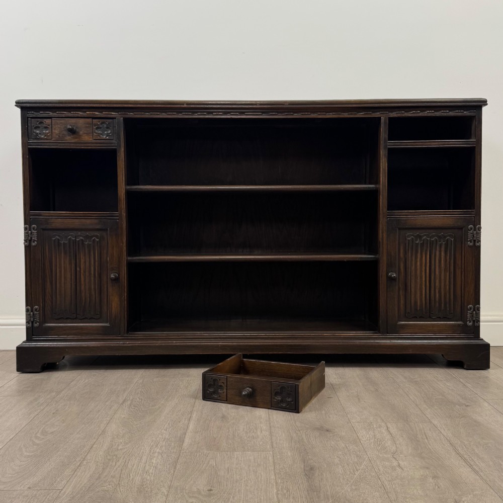 Antique 20th Century Carved Oak Linenfold Bookcase View XII