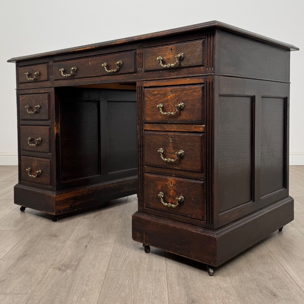 Antique 20th Century Leather Top Pedestal Desk In Oak View II