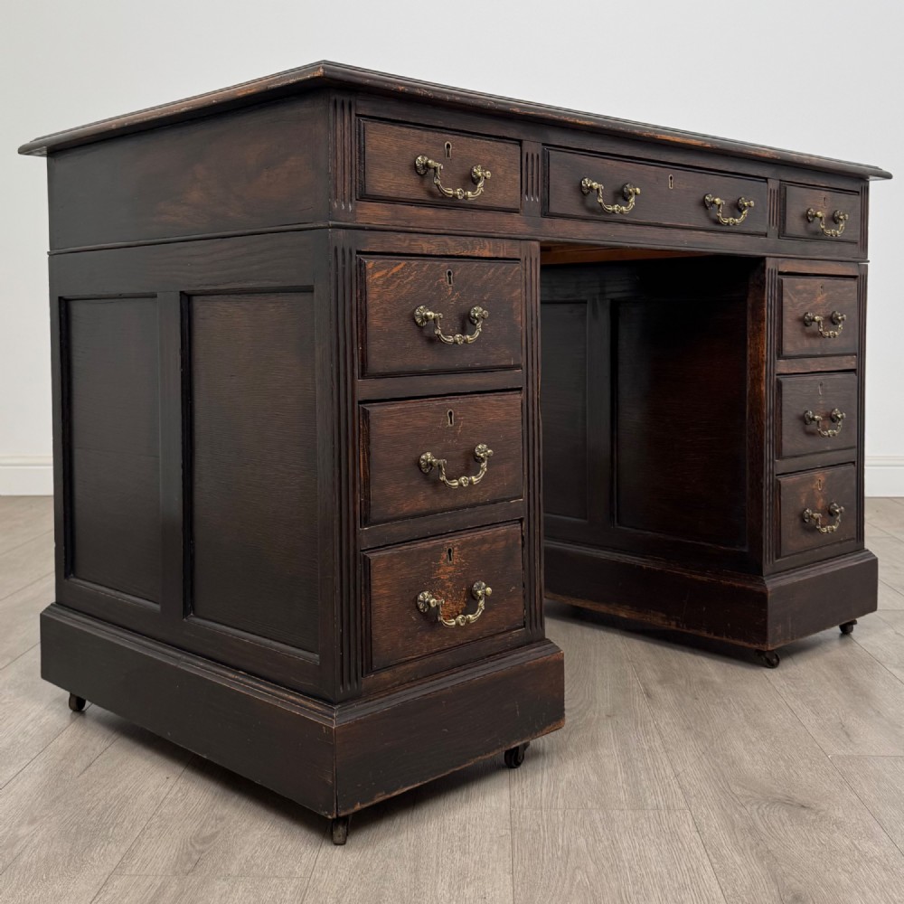 Antique 20th Century Leather Top Pedestal Desk In Oak View VIII