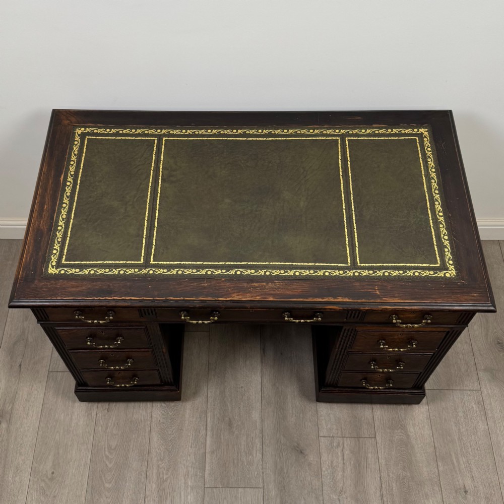 Antique 20th Century Leather Top Pedestal Desk In Oak View IX