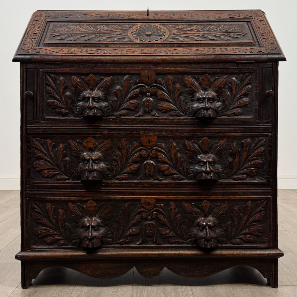 Antique 19th Century Victorian Green Man Bureau In Oak
