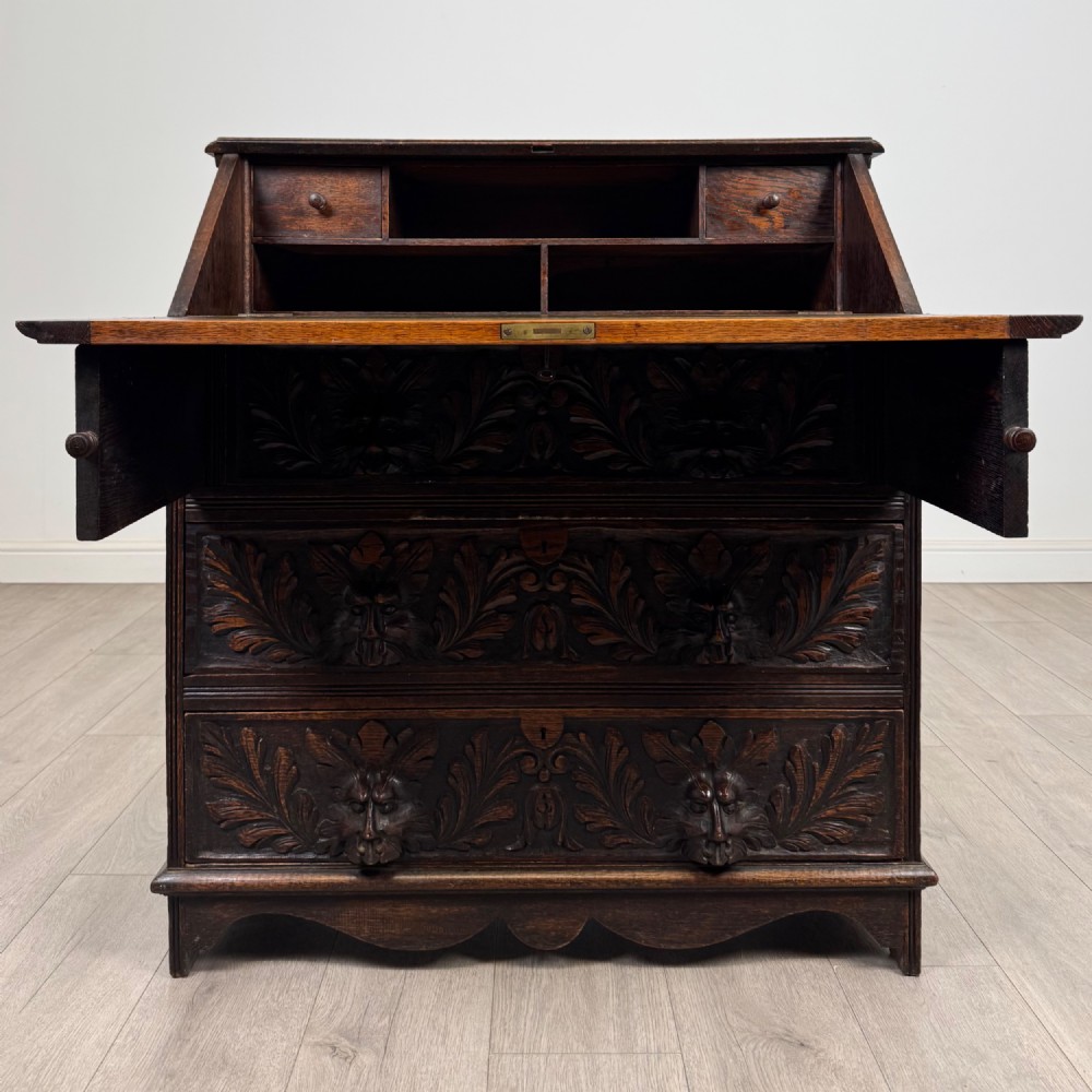 Antique 19th Century Victorian Green Man Bureau In Oak View II