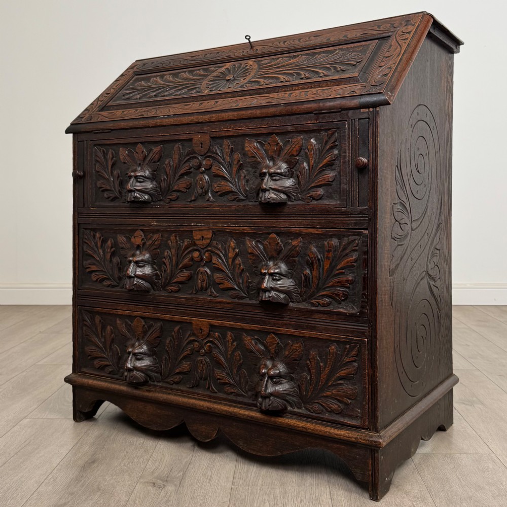 Antique 19th Century Victorian Green Man Bureau In Oak View III