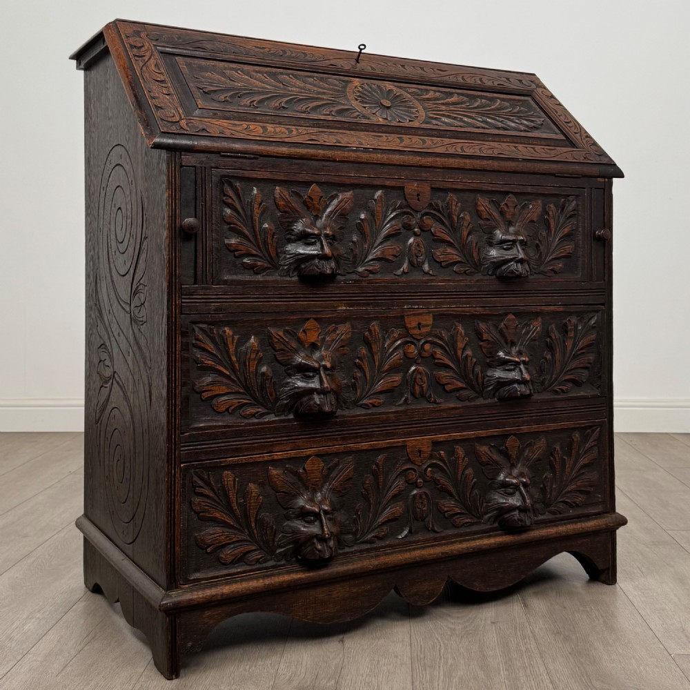 Antique 19th Century Victorian Green Man Bureau In Oak View IX