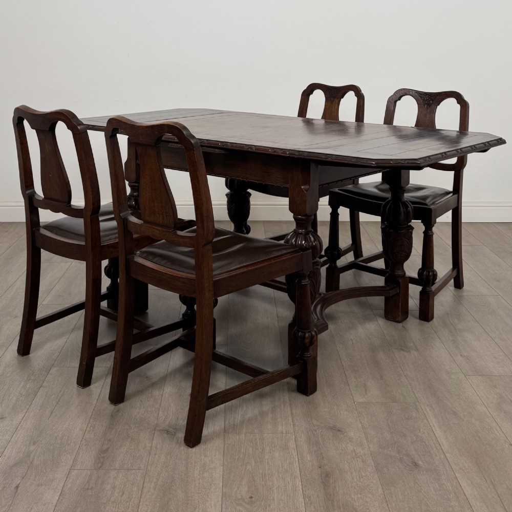 Antique 20th Century Dining Table With 4 Dining Chairs In Oak