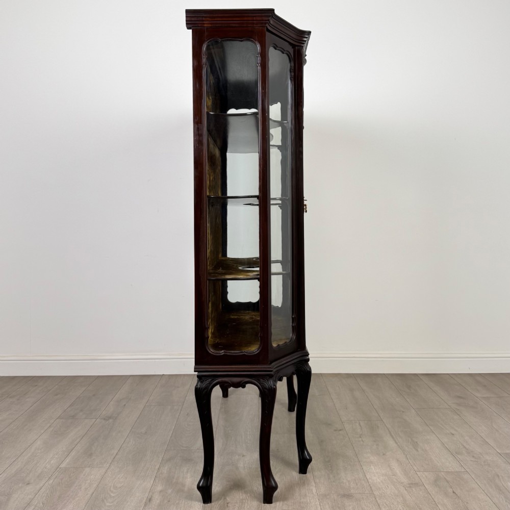 A dark mahogany display cabinet featuring glazed panels, detailed carved fretwork on the central door, and cabriole legs. View VIII