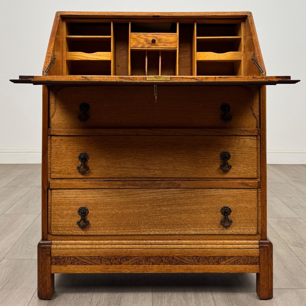 Antique 20th Century Art Deco Style Golden Oak Bureau View II