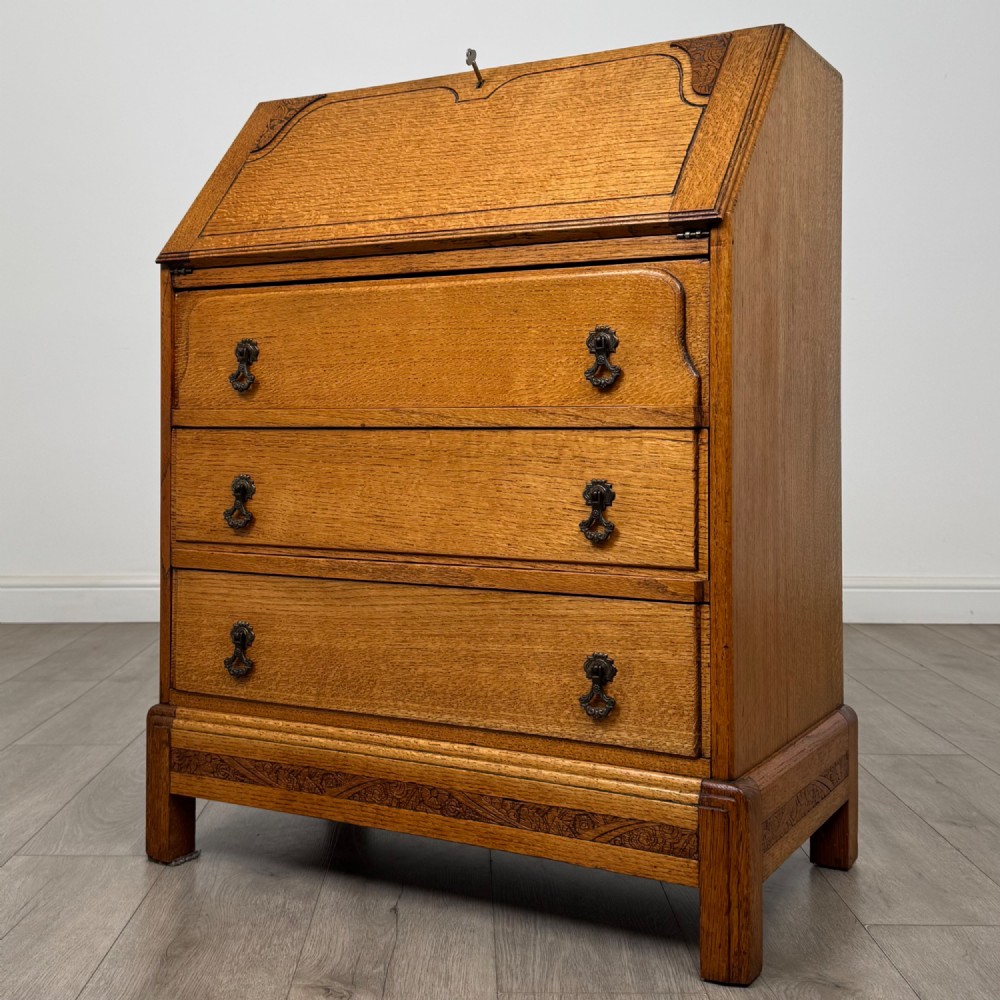 Antique 20th Century Art Deco Style Golden Oak Bureau View III