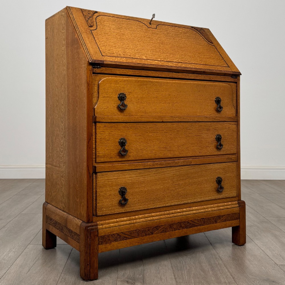 Antique 20th Century Art Deco Style Golden Oak Bureau View IX
