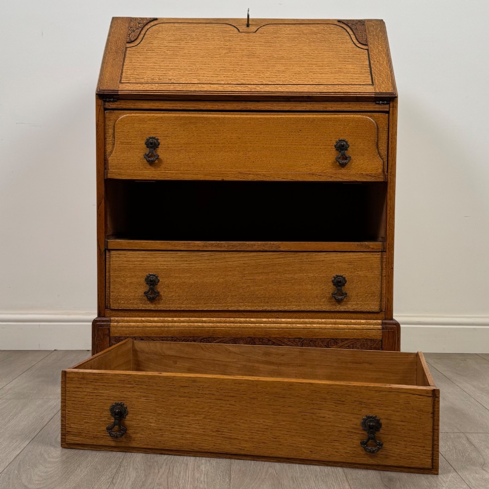 Antique 20th Century Art Deco Style Golden Oak Bureau View XII