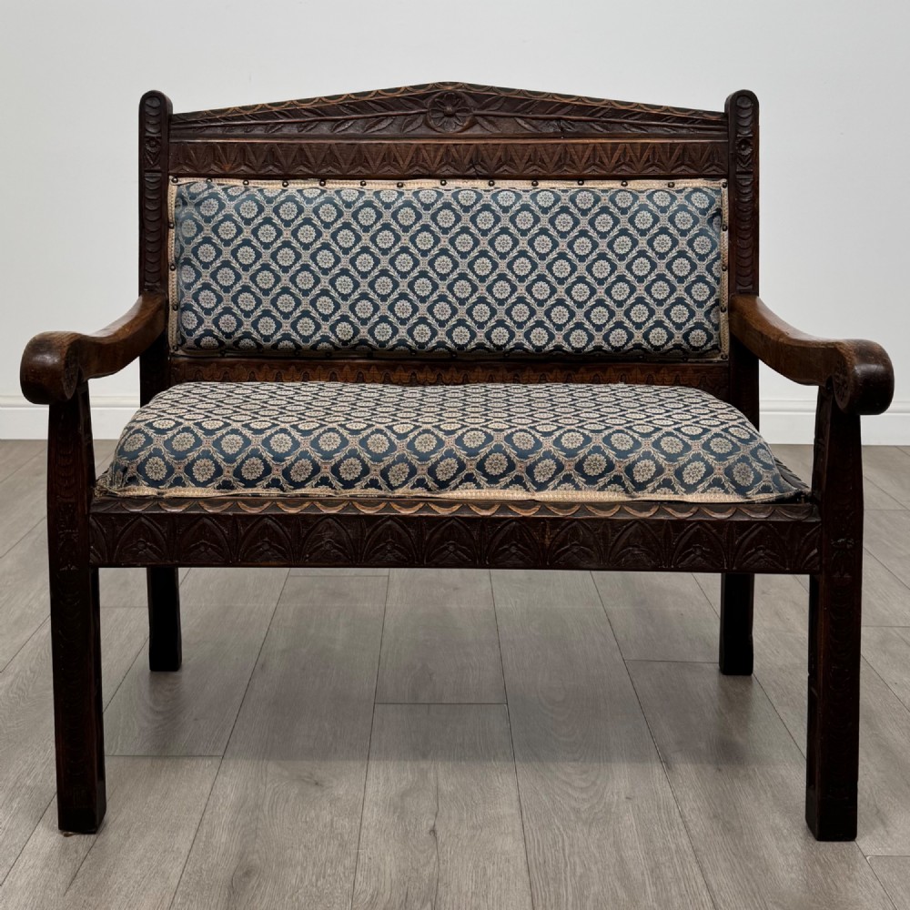 Antique 19th Century Victorian Carved Oak Bench