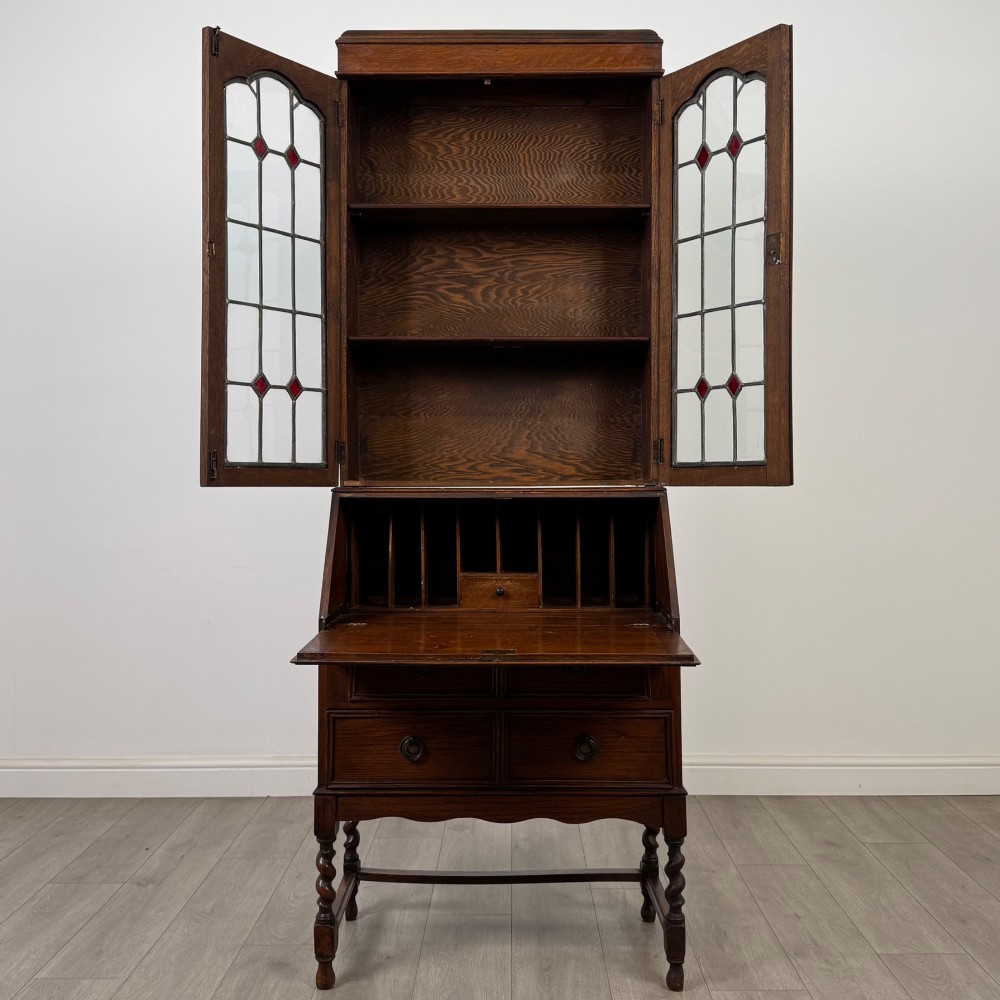 Antique 20th Century Edwardian Bureau Bookcase In Oak View II