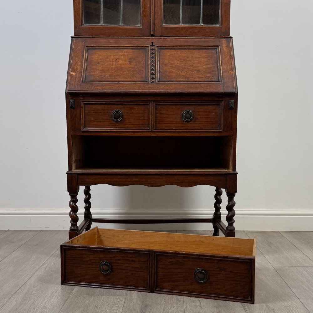 Antique 20th Century Edwardian Bureau Bookcase In Oak View XII