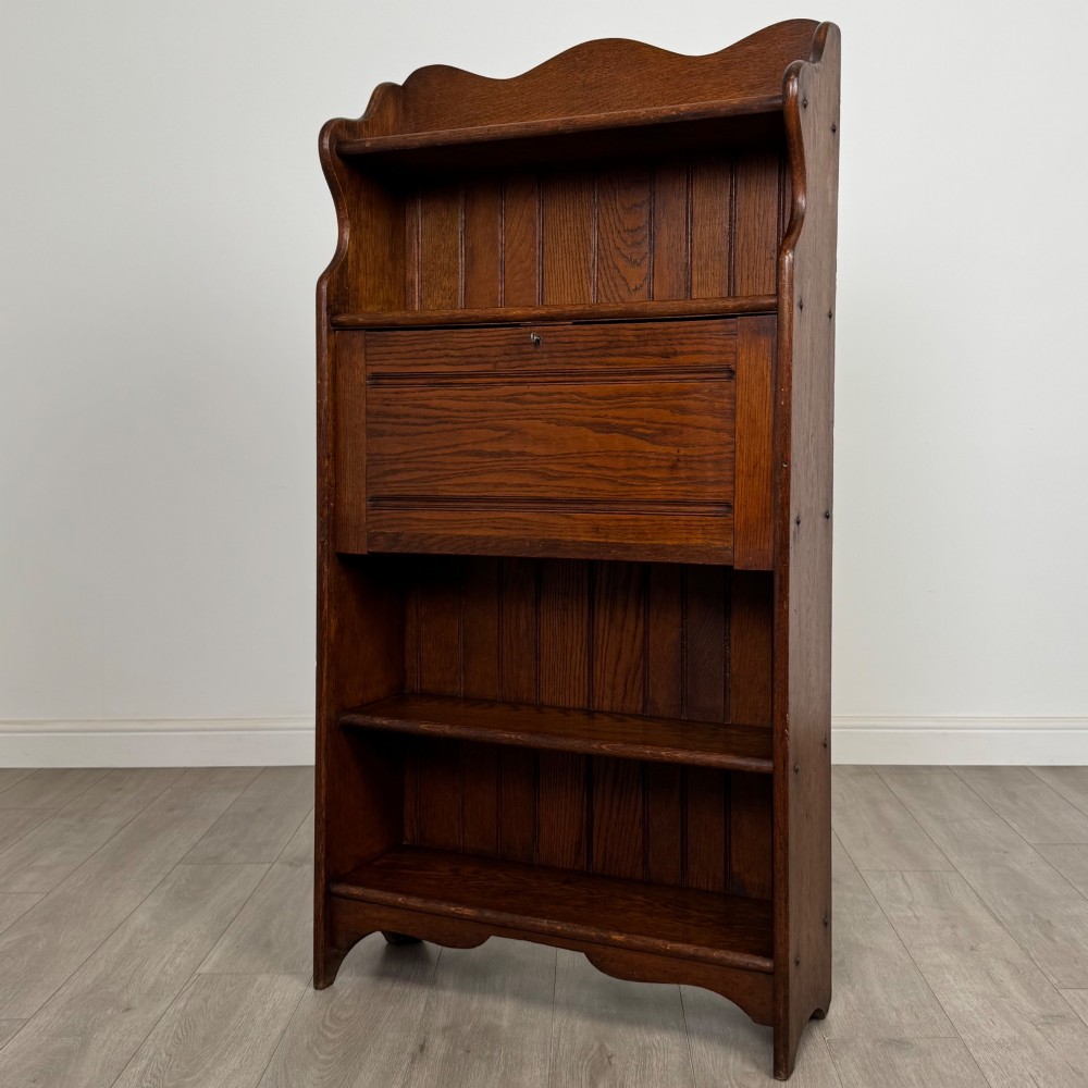 Antique 20th Century Narrow Edwardian Bureau In Oak View IV