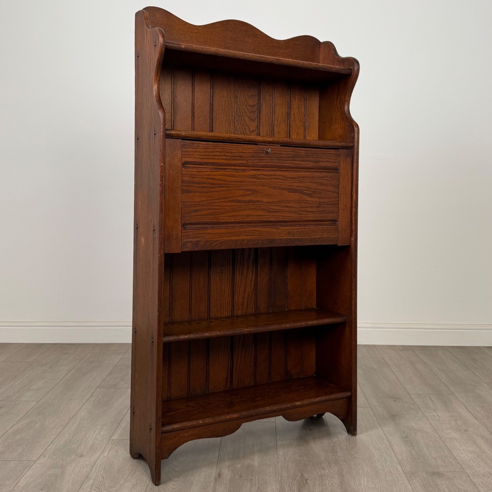 Antique 20th Century Narrow Edwardian Bureau In Oak View X