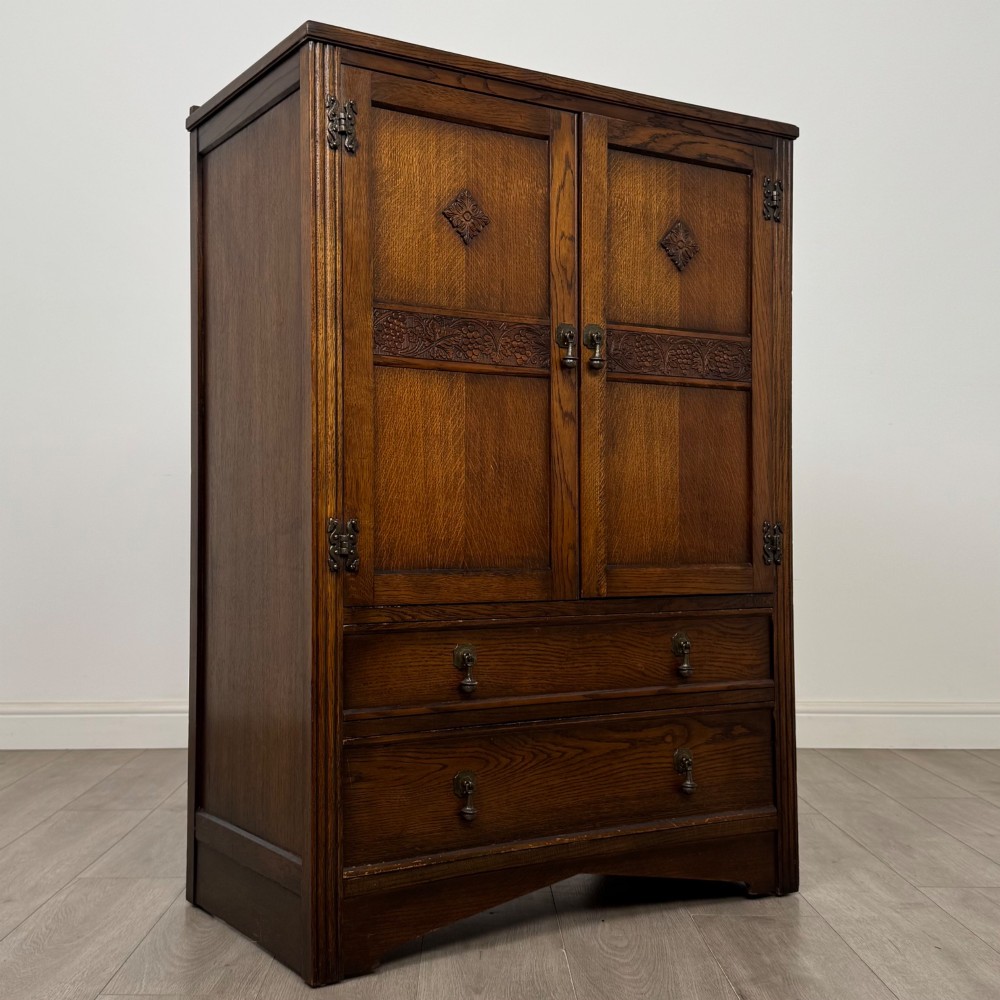 Antique 20th Century Carved Cupboard In Oak View IX