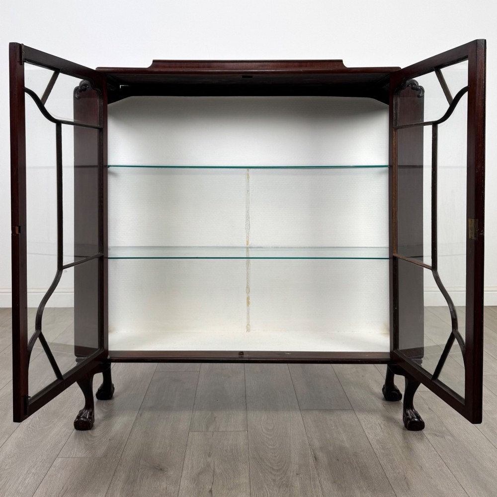 An Edwardian mahogany display cabinet featuring twin astragal glazed doors, glass interior shelves, and cabriole legs with ball and claw feet. View II