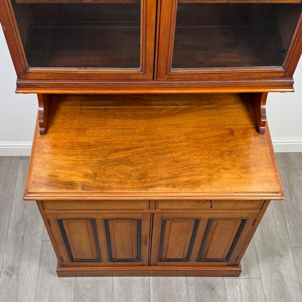 An Edwardian walnut bookcase featuring a two-door glazed upper section with arched frames, a central mirrored niche, and a base cabinet with drawers and panelled doors. View XI