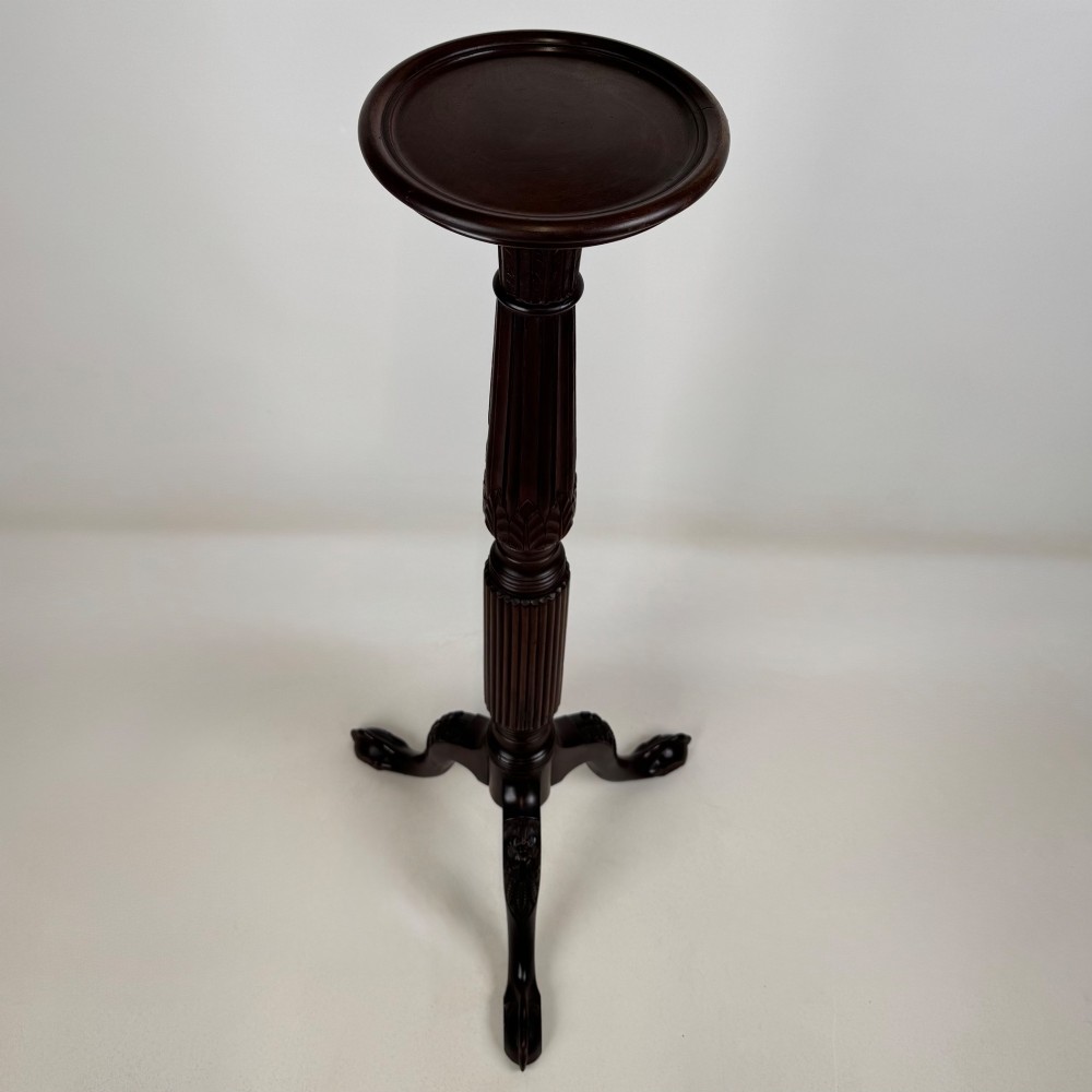 A tall Victorian dark mahogany plant stand featuring a carved fluted column, acanthus leaf details, and a tripod base. View III