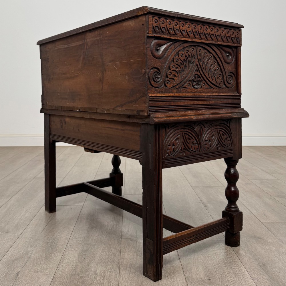 A 19th-century carved dark oak chest on stand featuring geometric relief panels, brass keyhole escutcheon, lower drawers, and turned legs. View VI