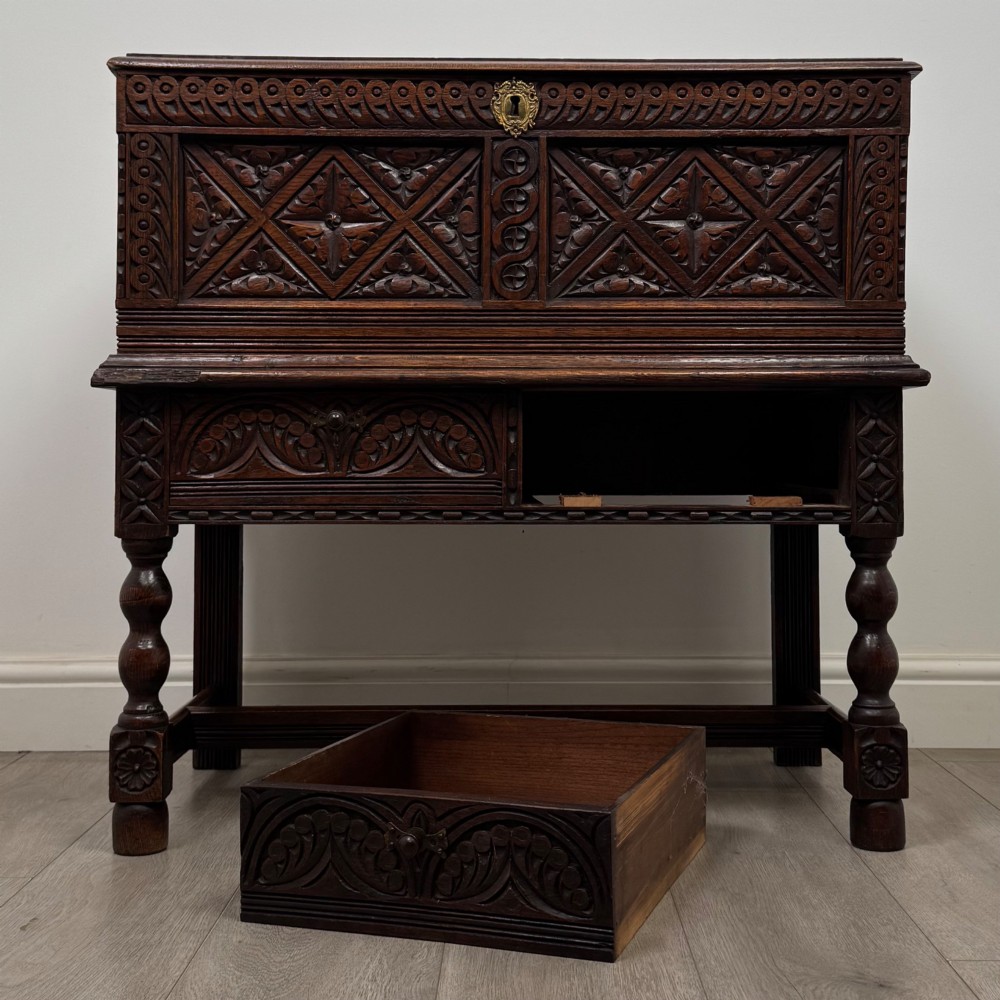 A 19th-century carved dark oak chest on stand featuring geometric relief panels, brass keyhole escutcheon, lower drawers, and turned legs. View XI