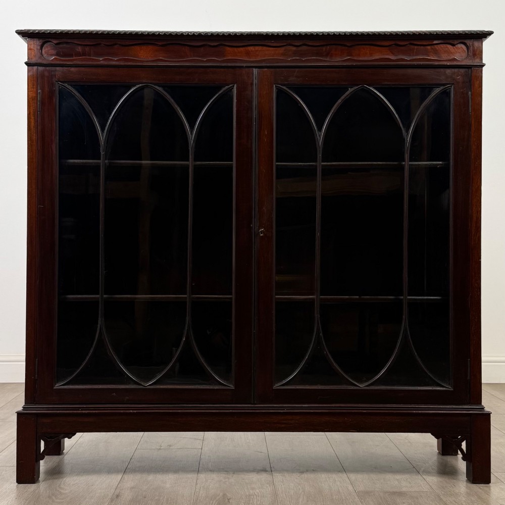 An Edwardian dark mahogany display cabinet featuring two glass doors with interlaced astragal glazing bars and internal wooden shelves.
