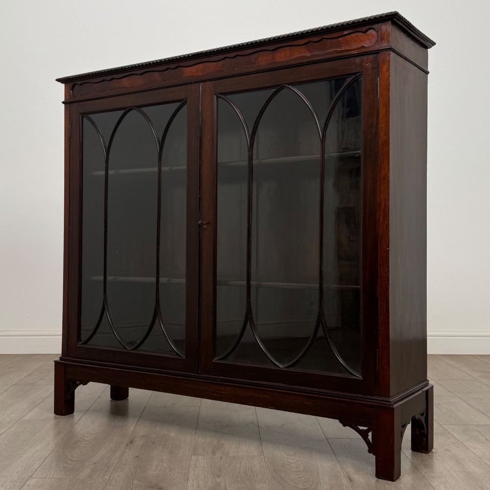 An Edwardian dark mahogany display cabinet featuring two glass doors with interlaced astragal glazing bars and internal wooden shelves. View III