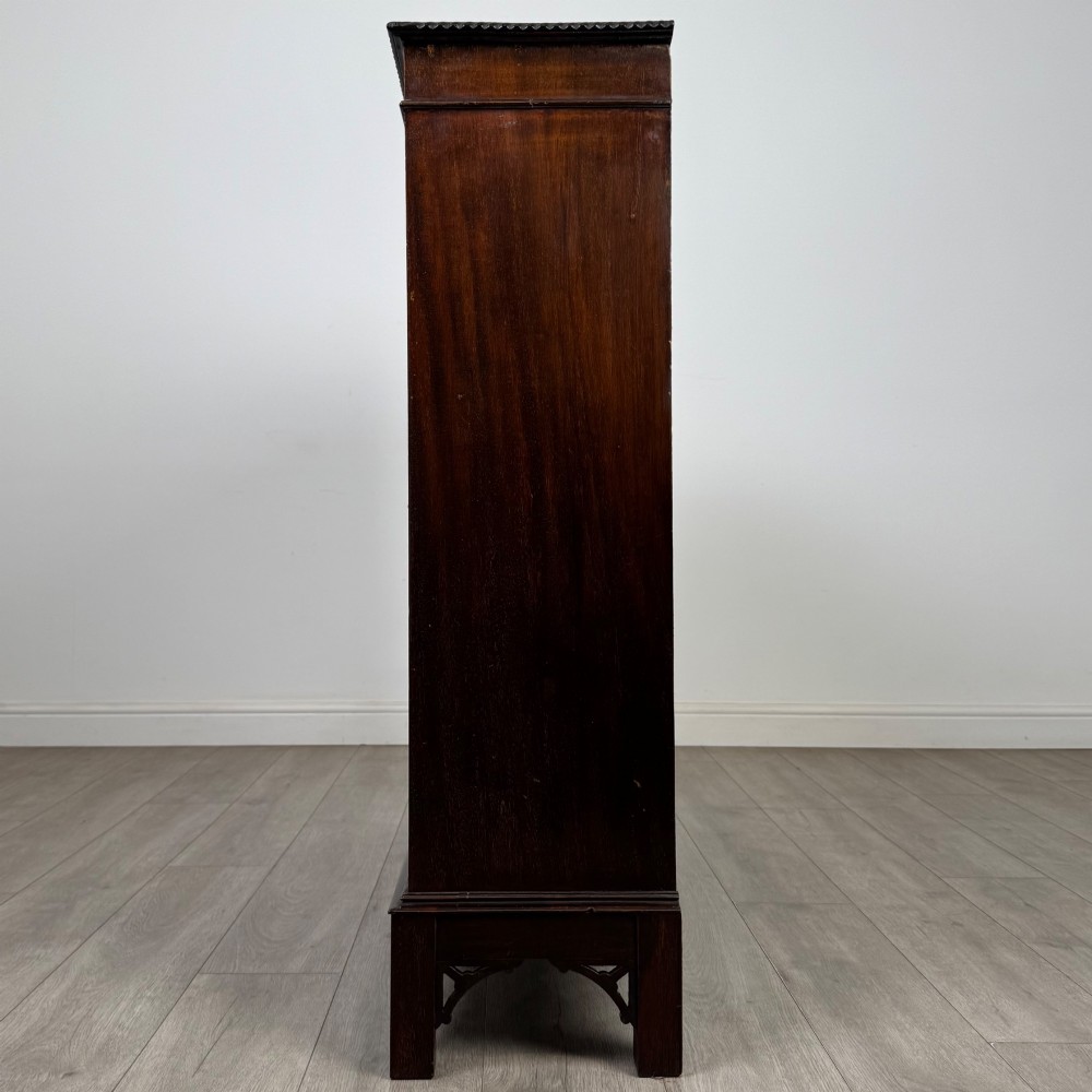 An Edwardian dark mahogany display cabinet featuring two glass doors with interlaced astragal glazing bars and internal wooden shelves. View IV