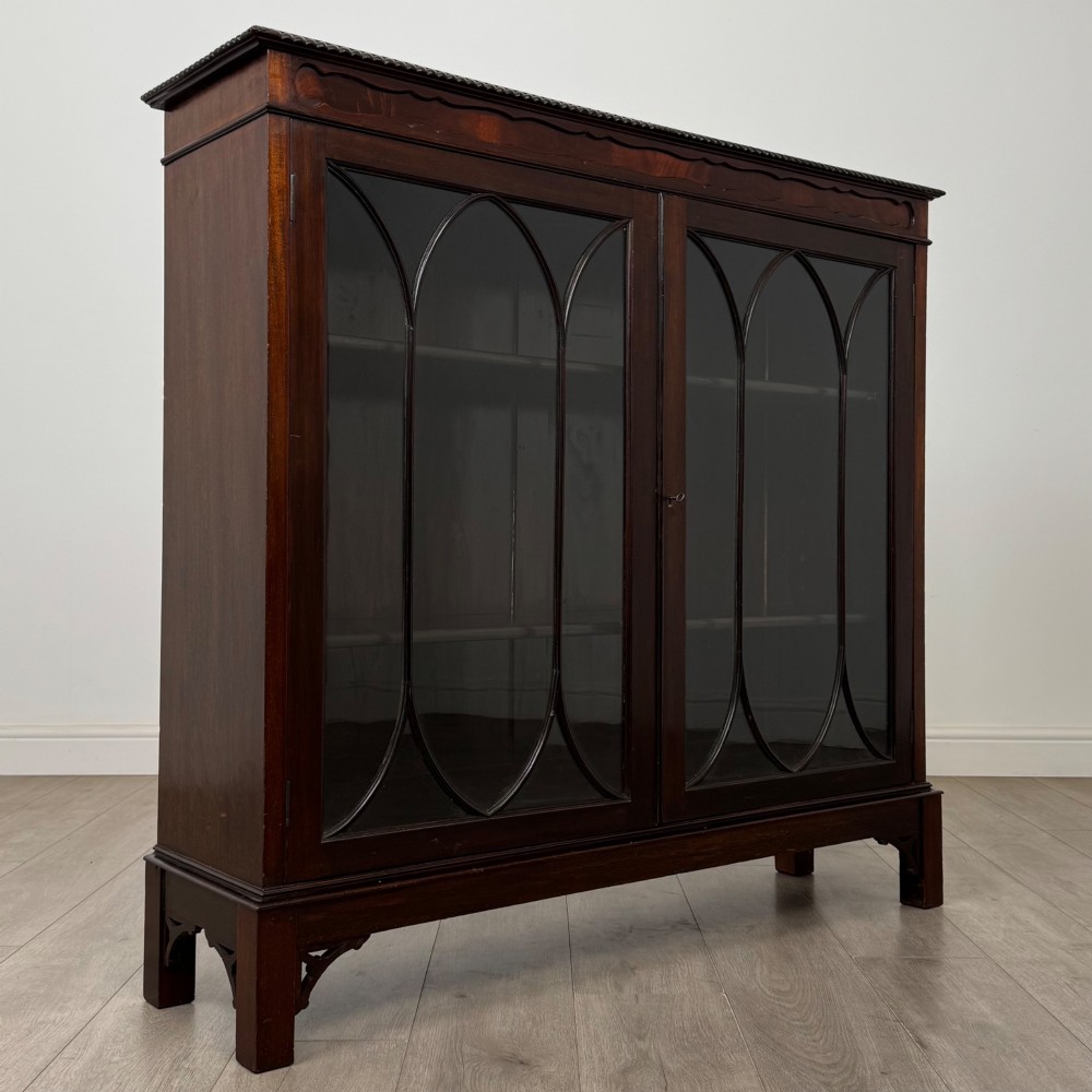 An Edwardian dark mahogany display cabinet featuring two glass doors with interlaced astragal glazing bars and internal wooden shelves. View IX