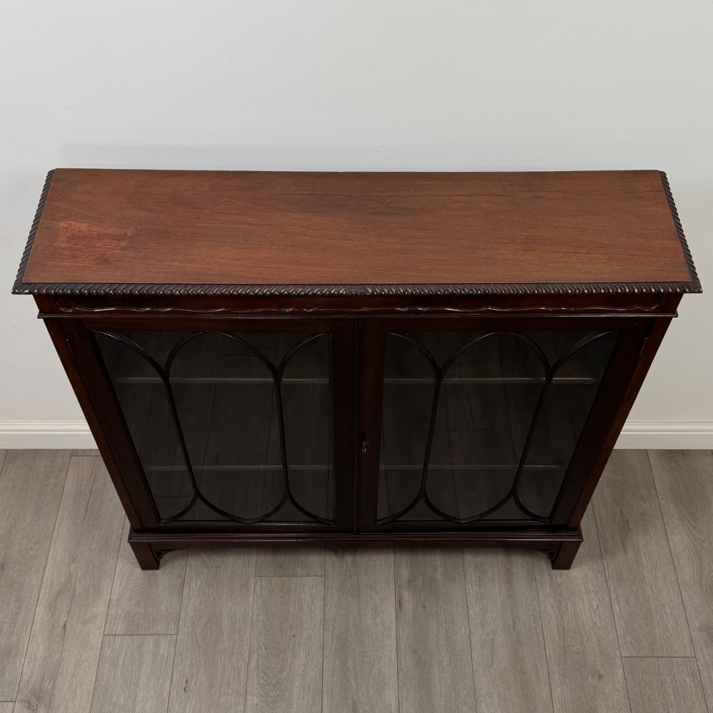 An Edwardian dark mahogany display cabinet featuring two glass doors with interlaced astragal glazing bars and internal wooden shelves. View X