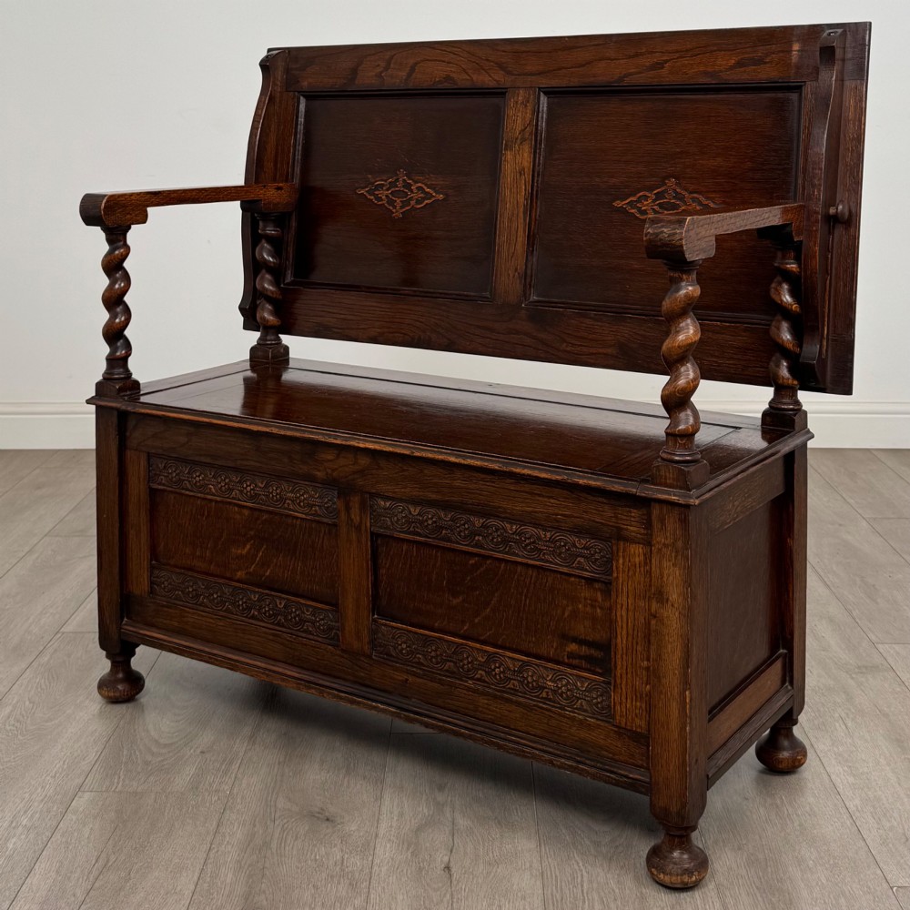 Antique 20th Century Edwardian Monks Bench In Oak View III