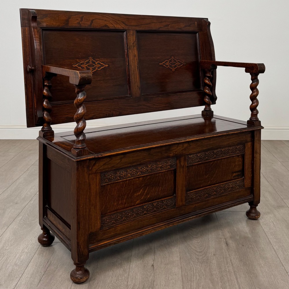 Antique 20th Century Edwardian Monks Bench In Oak View IX