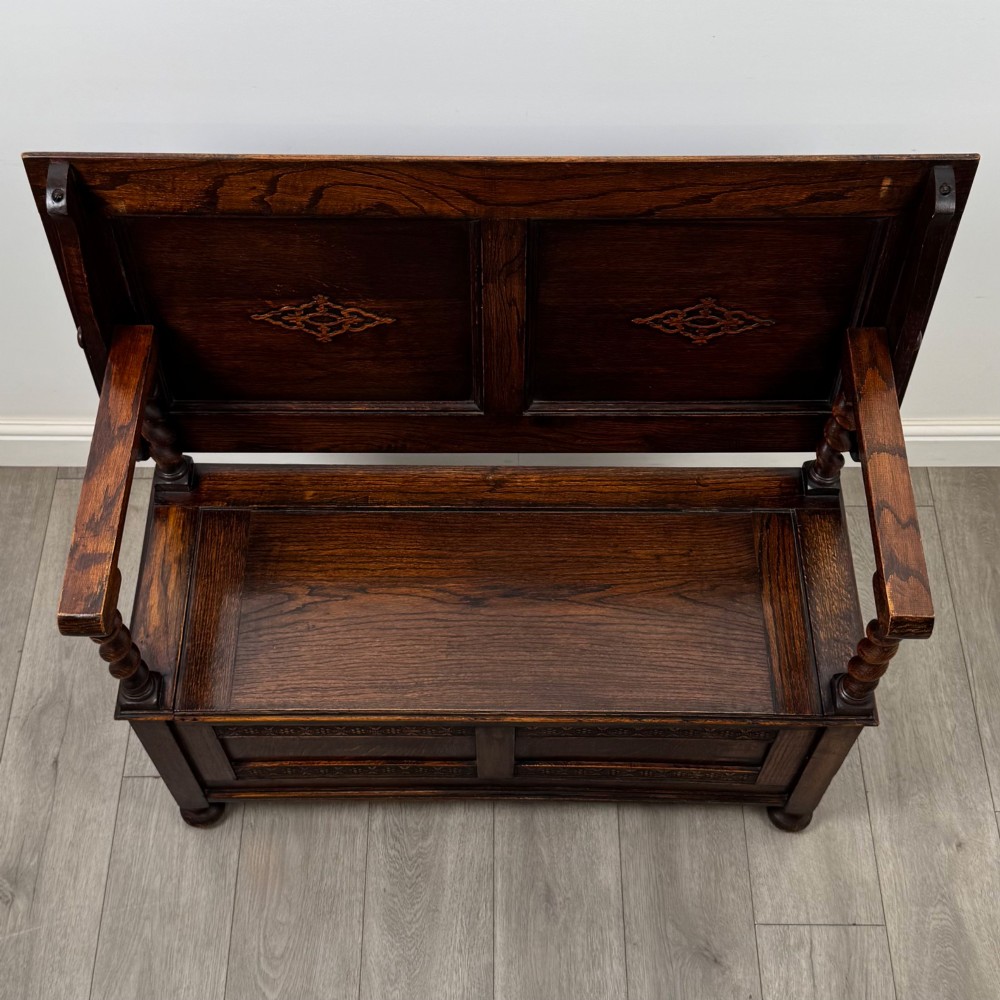 Antique 20th Century Edwardian Monks Bench In Oak View X