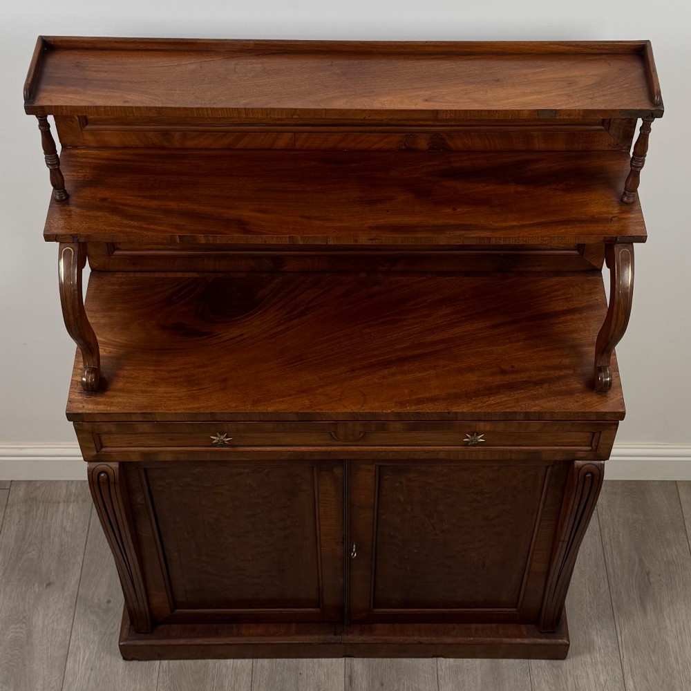 An antique Regency mahogany chiffonier featuring an upper two-tier shelf structure, a long drawer with star-shaped brass pulls, and a lower panelled double cupboard on a plinth base. View X