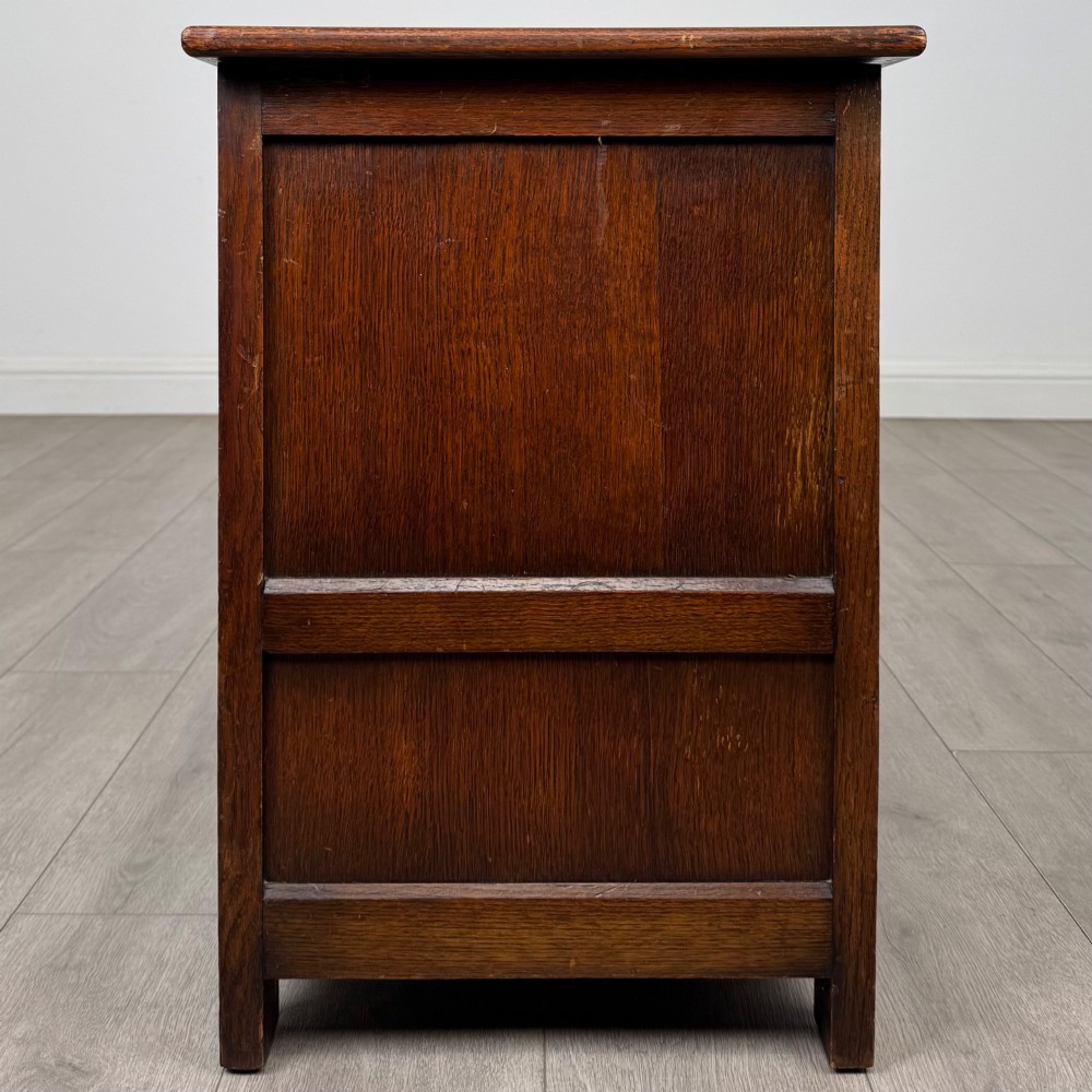 An Edwardian oak mule chest with a panelled front, central carved detailing, and two bottom drawers with turned wooden knobs. View III