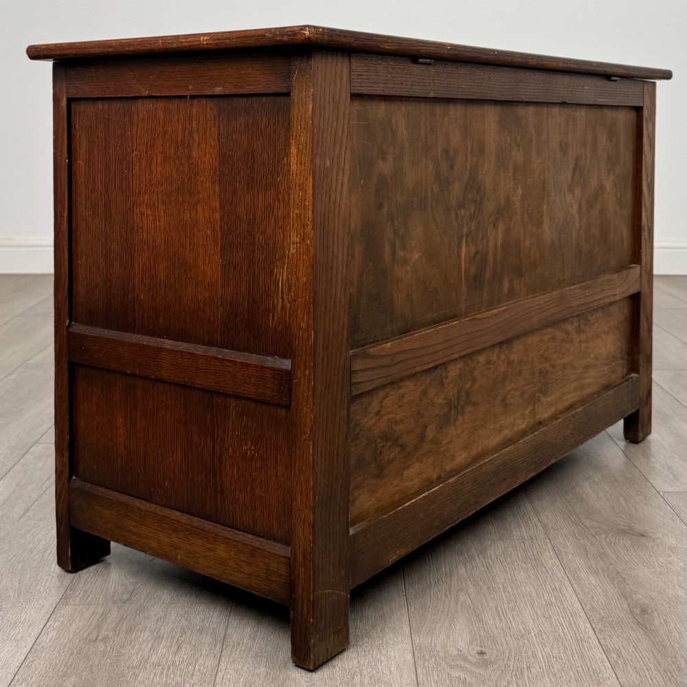 An Edwardian oak mule chest with a panelled front, central carved detailing, and two bottom drawers with turned wooden knobs. View IV