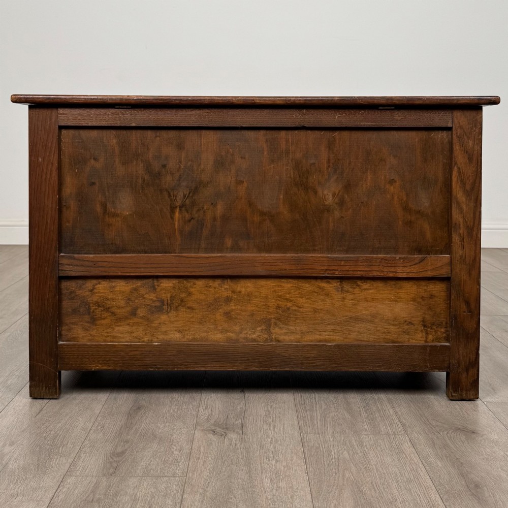 An Edwardian oak mule chest with a panelled front, central carved detailing, and two bottom drawers with turned wooden knobs. View V
