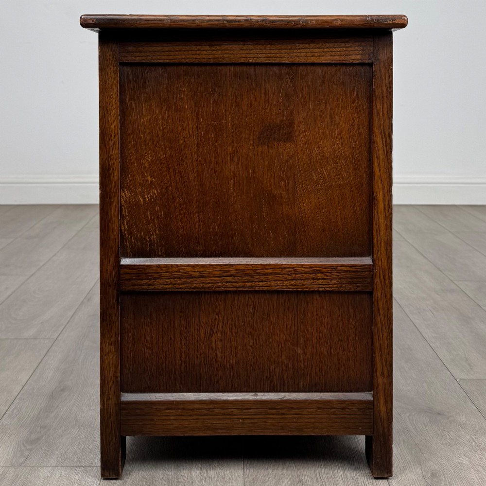 An Edwardian oak mule chest with a panelled front, central carved detailing, and two bottom drawers with turned wooden knobs. View VII