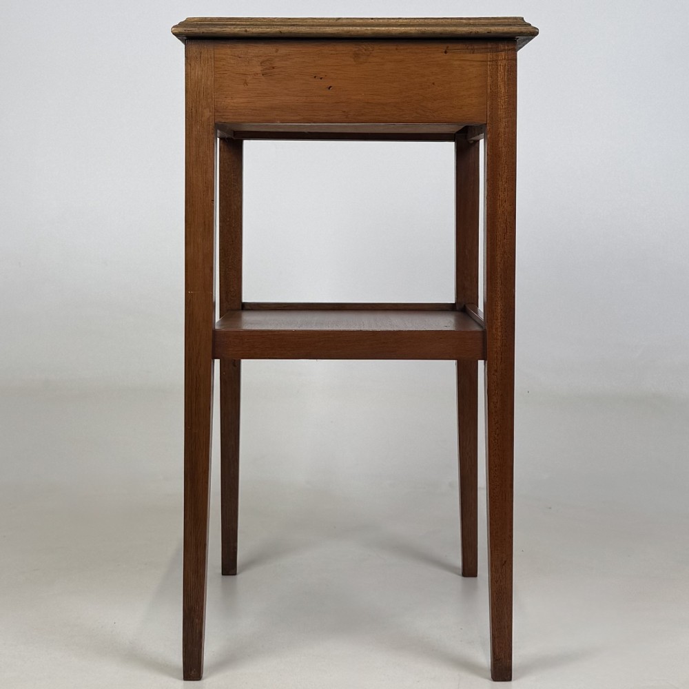A pair of tall, slim mahogany bedside tables with single top drawers, round brass ring handles, open lower shelves, and tapered legs. View IV