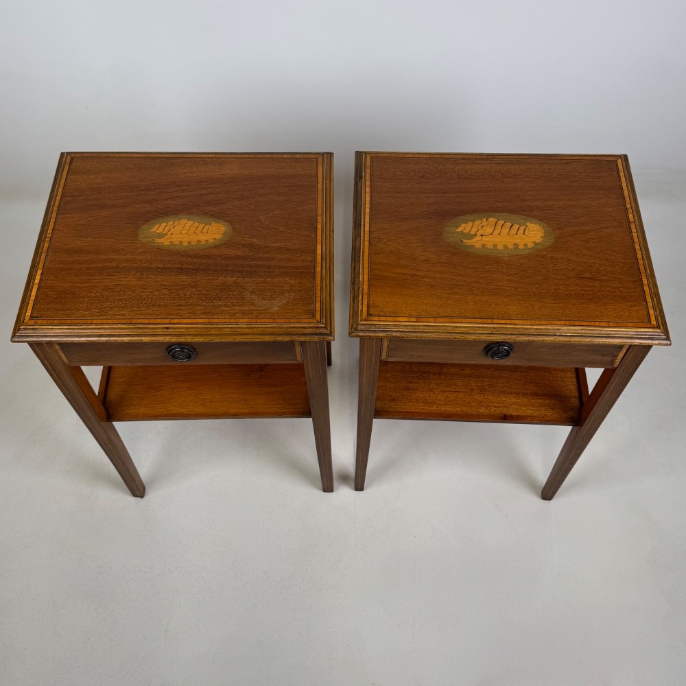 A pair of tall, slim mahogany bedside tables with single top drawers, round brass ring handles, open lower shelves, and tapered legs. View XII