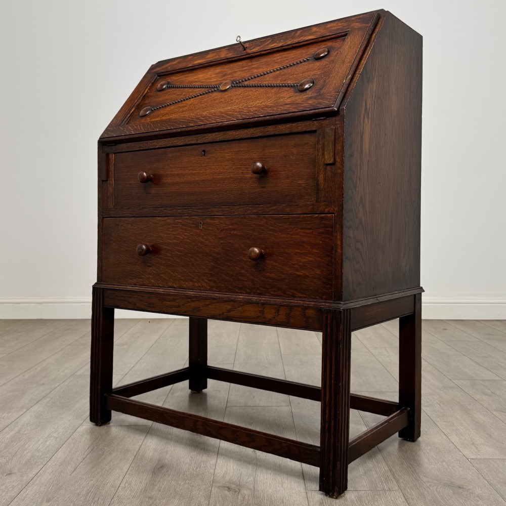 Antique 20th Century Jacobean Style Bureau In Oak View III